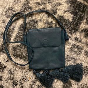 Tassel leather teal over the shoulder mini bag